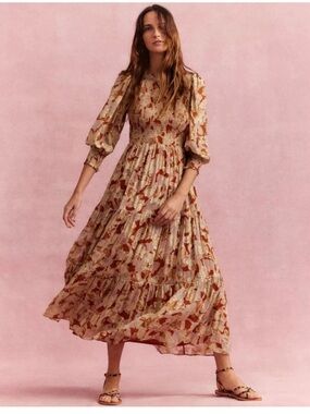 Boden Smocked Jacquard Maxi Dress Size 6  Orange Gold Metallic